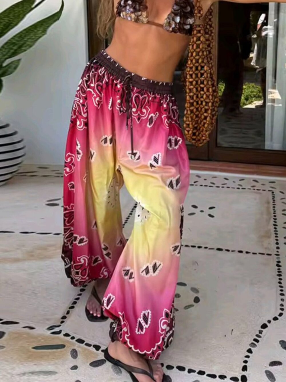 Summer Lady Letter Print Bloomers Loose Beach Lace Up Low Waist Wide Leg Pants F